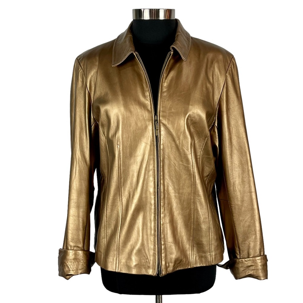 COLDWATER CREEK Y2K BRONZE METALLIC LEATHER ZIP UP COLLARED JACKET